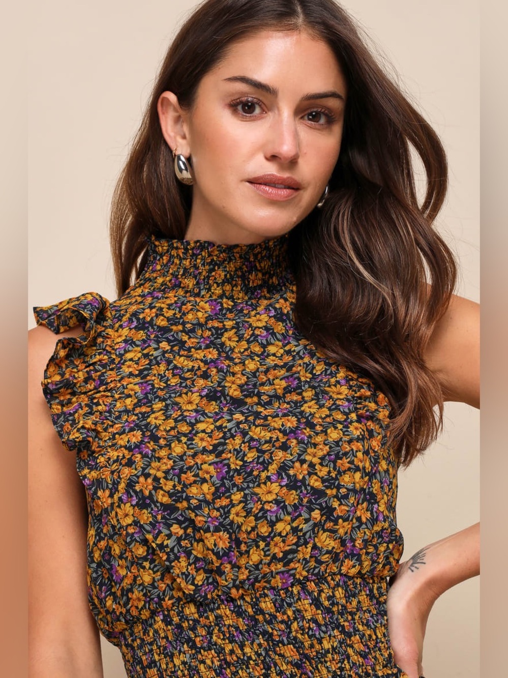 Lulus Evalina Mustard Yellow Floral Print Mock Neck Midi Dress Size Large NWOT - Picture 4 of 15